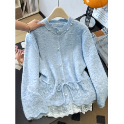 高級感釘珠粉色毛衣開衫外套女秋冬新款大碼胖mm蕾絲花邊針織上衣