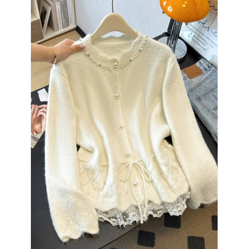 高級感釘珠粉色毛衣開衫外套女秋冬新款大碼胖mm蕾絲花邊針織上衣