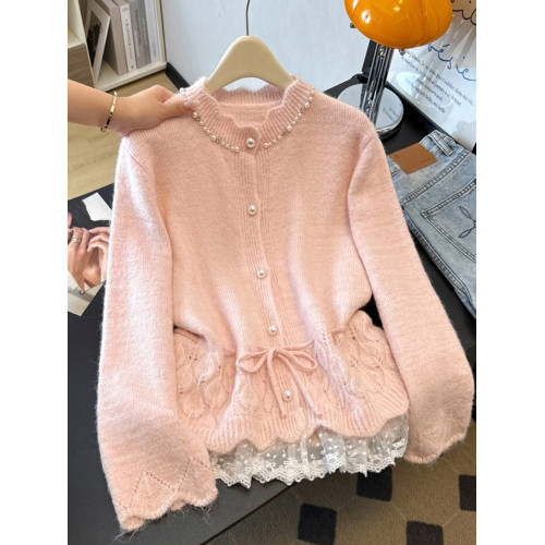 高級感釘珠粉色毛衣開衫外套女秋冬新款大碼胖mm蕾絲花邊針織上衣