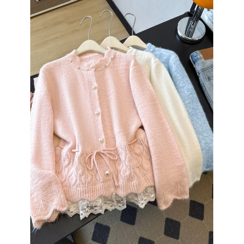 高級感釘珠粉色毛衣開衫外套女秋冬新款大碼胖mm蕾絲花邊針織上衣