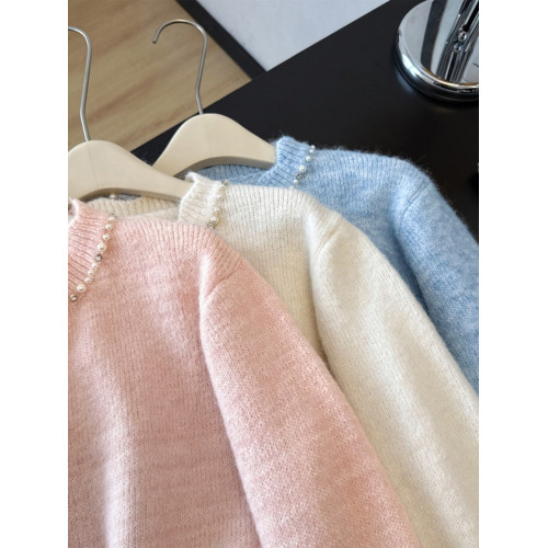 高級感釘珠粉色毛衣開衫外套女秋冬新款大碼胖mm蕾絲花邊針織上衣