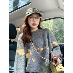 灰色卡通復古內搭毛衣女冬季2025新款寬松慵懶風高級感上衣針織衫