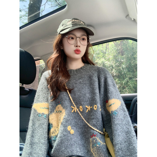 灰色卡通復古內搭毛衣女冬季2025新款寬松慵懶風高級感上衣針織衫