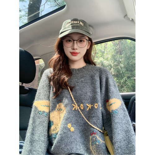 灰色卡通復古內搭毛衣女冬季2025新款寬松慵懶風高級感上衣針織衫