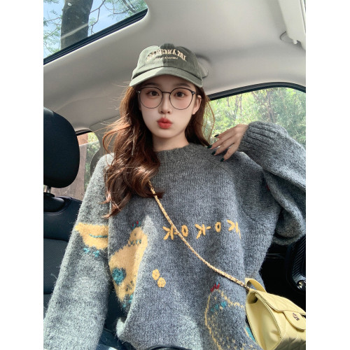 灰色卡通復古內搭毛衣女冬季2025新款寬松慵懶風高級感上衣針織衫