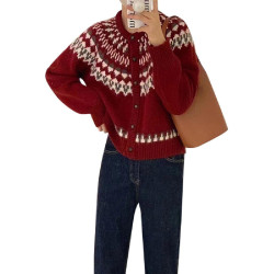 新年紅色費爾島毛衣女秋冬小個子慵嬾風針織開衫外套2026新款上衣