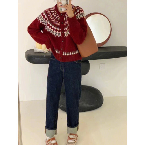 新年紅色費爾島毛衣女秋冬小個子慵嬾風針織開衫外套2026新款上衣