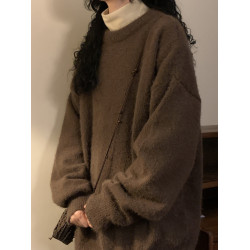 NAGA自製冬季美式復古慵懶風紅色百搭打底針織衫圓領內搭毛衣男女