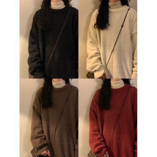 NAGA自製冬季美式復古慵懶風紅色百搭打底針織衫圓領內搭毛衣男女 NAGA自製冬季美式復古慵懶風紅色百搭打底針織衫圓領內搭毛衣男女