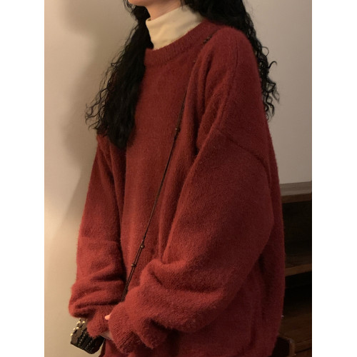 NAGA自製冬季美式復古慵懶風紅色百搭打底針織衫圓領內搭毛衣男女 NAGA自製冬季美式復古慵懶風紅色百搭打底針織衫圓領內搭毛衣男女