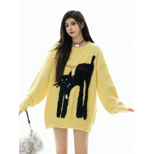美式貓咪仿貂毛毛衣女秋冬保暖百搭外穿慵懶風情侶套頭內搭針織衫