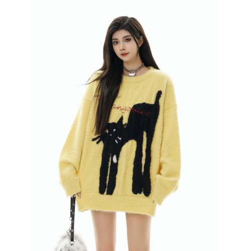 美式貓咪仿貂毛毛衣女秋冬保暖百搭外穿慵懶風情侶套頭內搭針織衫