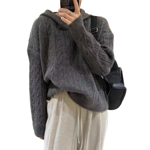 慵懶風韓系連帽毛衣女秋冬2025新款小個子內搭打底針織衫灰色上衣