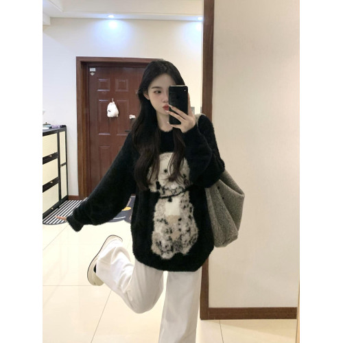 黑色毛衣女秋冬高級感水貂絨慵懶風寬松軟糯馬海毛內搭針織衫上衣 黑色毛衣女秋冬高級感水貂絨慵懶風寬松軟糯馬海毛內搭針織衫上衣