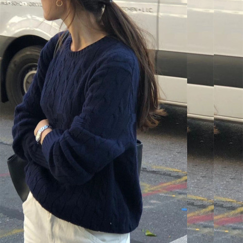 韓系復古圓領麻花毛衣女外穿秋冬新款寬松慵懶風軟糯打底針織上衣