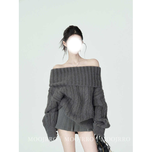 灰色麻花一字肩套頭毛衣女秋冬季高級感寬松慵懶風韓版加厚針織衫 灰色麻花一字肩套頭毛衣女秋冬季高級感寬松慵懶風韓版加厚針織衫