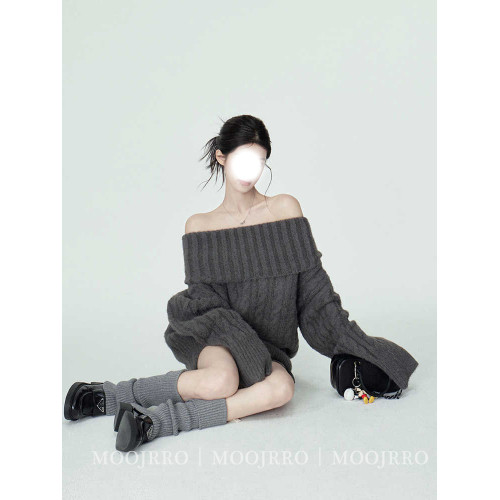 灰色麻花一字肩套頭毛衣女秋冬季高級感寬松慵懶風韓版加厚針織衫 灰色麻花一字肩套頭毛衣女秋冬季高級感寬松慵懶風韓版加厚針織衫