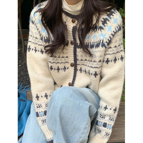 韓系新款復古提花毛衣外套秋季寬松慵懶風長袖高級感針織開衫上衣