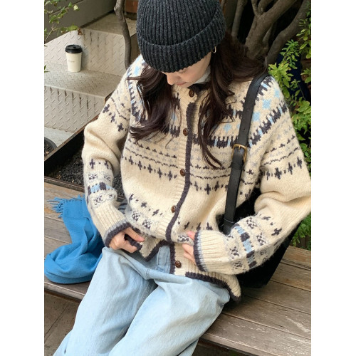 韓系新款復古提花毛衣外套秋季寬松慵懶風長袖高級感針織開衫上衣