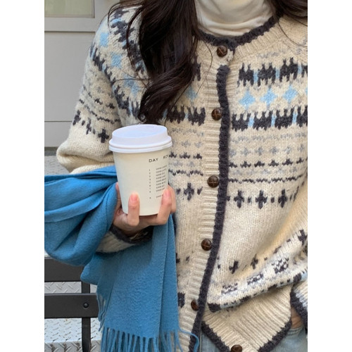 韓系新款復古提花毛衣外套秋季寬松慵懶風長袖高級感針織開衫上衣