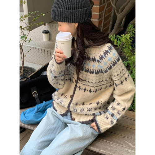 韓系新款復古提花毛衣外套秋季寬松慵懶風長袖高級感針織開衫上衣