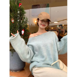 溫柔慵懶風高級藍色毛衣女秋冬季設計感一字肩寬松韓系針織衫上衣