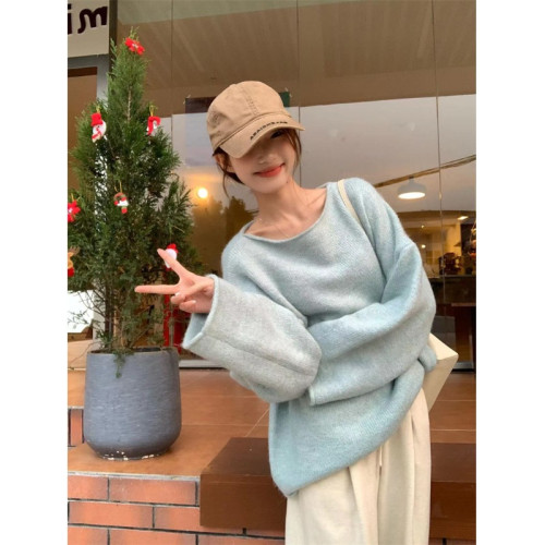 溫柔慵懶風高級藍色毛衣女秋冬季設計感一字肩寬松韓系針織衫上衣