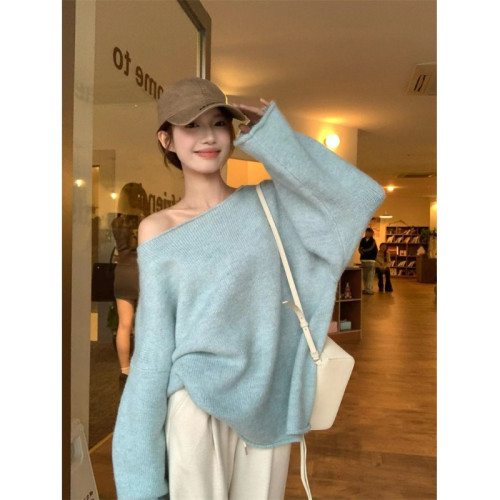 溫柔慵懶風高級藍色毛衣女秋冬季設計感一字肩寬松韓系針織衫上衣