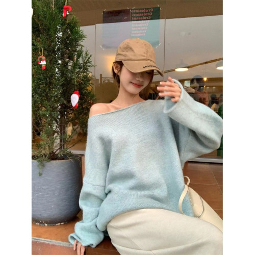 溫柔慵懶風高級藍色毛衣女秋冬季設計感一字肩寬松韓系針織衫上衣