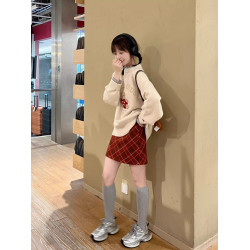 秋冬復古毛巾綉聖誕小熊套頭毛衣女寬松慵懶風圓領針織衫打底上衣