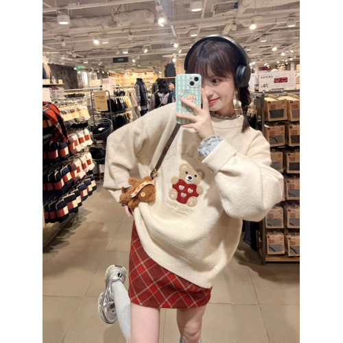 秋冬復古毛巾綉聖誕小熊套頭毛衣女寬松慵懶風圓領針織衫打底上衣