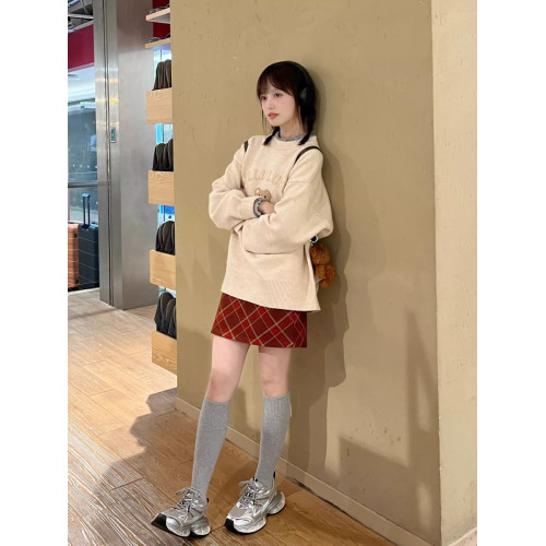 秋冬復古毛巾綉聖誕小熊套頭毛衣女寬松慵懶風圓領針織衫打底上衣