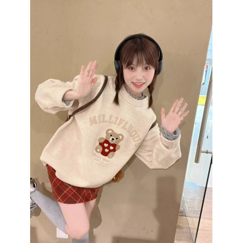 秋冬復古毛巾綉聖誕小熊套頭毛衣女寬松慵懶風圓領針織衫打底上衣