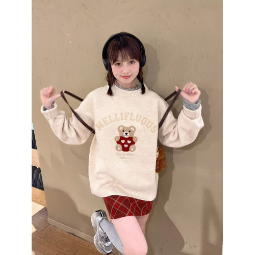 秋冬復古毛巾綉聖誕小熊套頭毛衣女寬松慵懶風圓領針織衫打底上衣