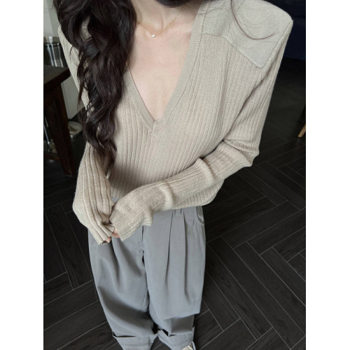 v領上衣女高級感2025新款韓版寬松慵懶風內搭正肩羊毛薄款打底衫