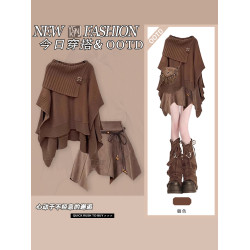 秋冬美拉德穿搭不規則寬松慵懶風毛衣女設計感顯瘦短款半身裙子