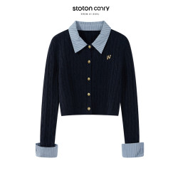 學院風灰色假兩件拼接針織毛衣開衫女秋冬修身POLO領開衫短款上衣