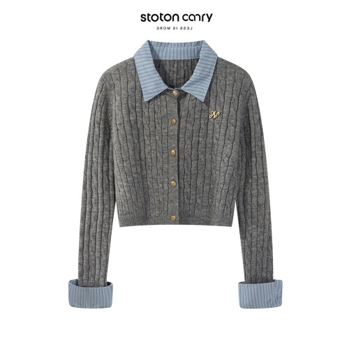 學院風灰色假兩件拼接針織毛衣開衫女秋冬修身POLO領開衫短款上衣 學院風灰色假兩件拼接針織毛衣開衫女秋冬修身POLO領開衫短款上衣