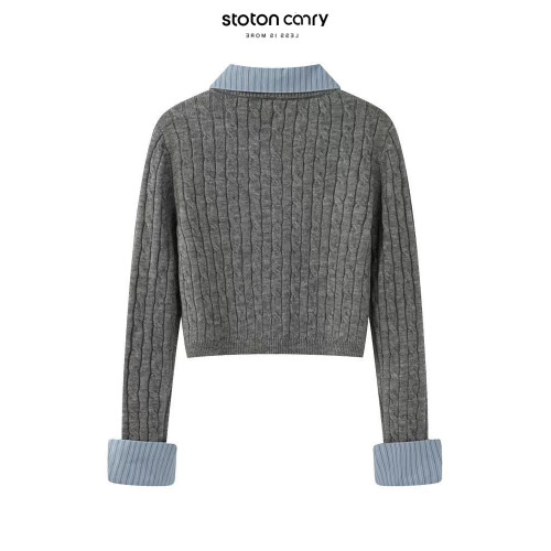 學院風灰色假兩件拼接針織毛衣開衫女秋冬修身POLO領開衫短款上衣 學院風灰色假兩件拼接針織毛衣開衫女秋冬修身POLO領開衫短款上衣