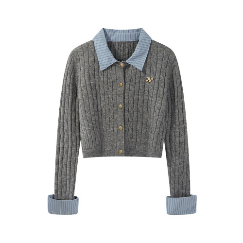 學院風灰色假兩件拼接針織毛衣開衫女秋冬修身POLO領開衫短款上衣 學院風灰色假兩件拼接針織毛衣開衫女秋冬修身POLO領開衫短款上衣