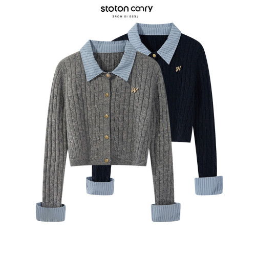 學院風灰色假兩件拼接針織毛衣開衫女秋冬修身POLO領開衫短款上衣 學院風灰色假兩件拼接針織毛衣開衫女秋冬修身POLO領開衫短款上衣