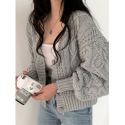 韓國chic秋冬減齡麻花毛衣外套女寬松百搭V領燈籠袖短款針織衫女