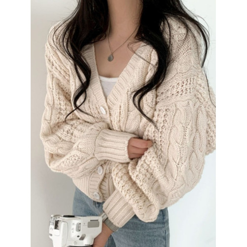 韓國chic秋冬減齡麻花毛衣外套女寬松百搭V領燈籠袖短款針織衫女 韓國chic秋冬減齡麻花毛衣外套女寬松百搭V領燈籠袖短款針織衫女