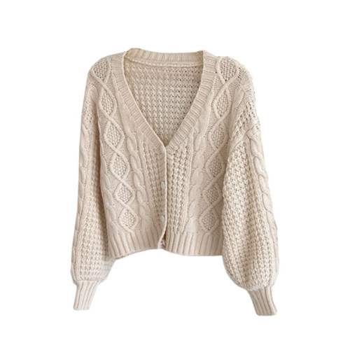 韓國chic秋冬減齡麻花毛衣外套女寬松百搭V領燈籠袖短款針織衫女 韓國chic秋冬減齡麻花毛衣外套女寬松百搭V領燈籠袖短款針織衫女