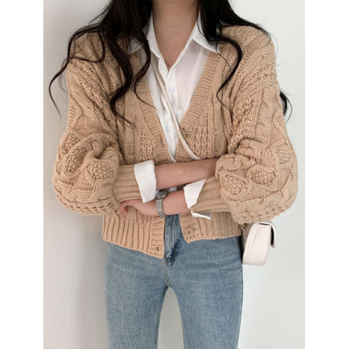 韓國chic秋冬減齡麻花毛衣外套女寬松百搭V領燈籠袖短款針織衫女 韓國chic秋冬減齡麻花毛衣外套女寬松百搭V領燈籠袖短款針織衫女