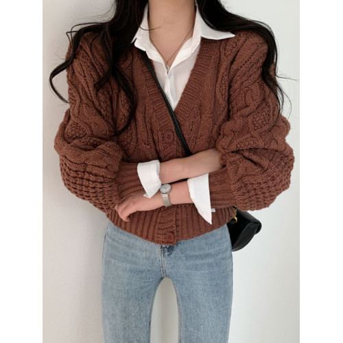 韓國chic秋冬減齡麻花毛衣外套女寬松百搭V領燈籠袖短款針織衫女 韓國chic秋冬減齡麻花毛衣外套女寬松百搭V領燈籠袖短款針織衫女