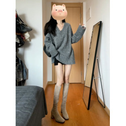 韓系慵懶風灰色針織毛衣女2025年新款早秋高級感寬松顯瘦氣質上衣