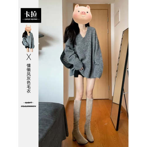 韓系慵懶風灰色針織毛衣女2025年新款早秋高級感寬松顯瘦氣質上衣