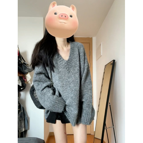 韓系慵懶風灰色針織毛衣女2025年新款早秋高級感寬松顯瘦氣質上衣
