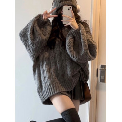 200斤胖MM慵懶風復古V領寬松灰色麻花毛衣女學生秋冬外穿百搭針織